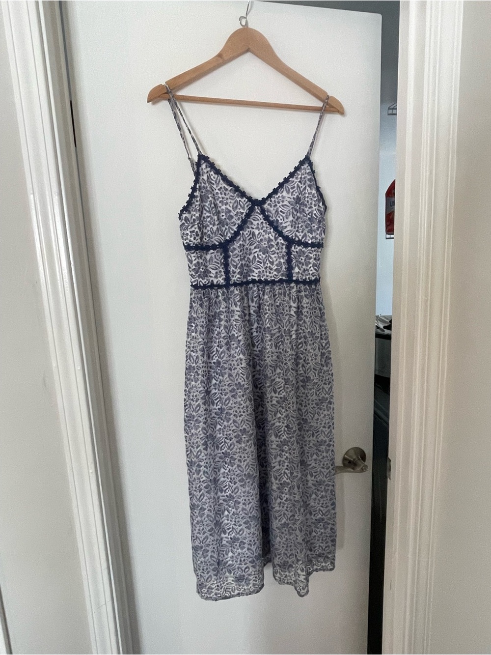 NSR Blue and White Floral Lace-Trim Midi Dress